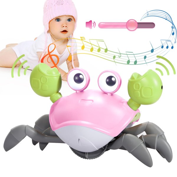 WDQT Crawling Crab Baby Toy Gifts Infant Tummy Time Toys Build in Rechargeable Battery and Adjustable Volume,Baby Toys with Music and LED Light for 0-6 6-12 1-3 4+ Year Old Boys Girls Toddler（Pink）