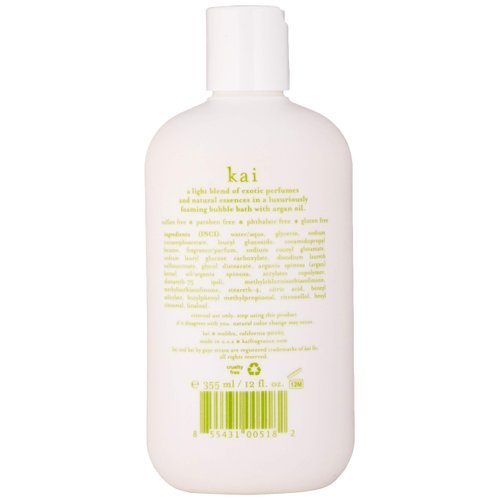 kai Bathing Bubbles, 12 Fl Oz., bubble bath rich in argan oil, scented with our signature gardenia wrapped in white exotics, vegan, cruelty free, made in The USA,