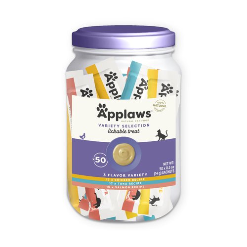 Applaws Lickable Cat Treats, Natural Grain-Free Purée, Limited Ingredient Variety Pack with Chicken, Tuna & Salmon Squeeze Up Treats (50 x 0.5oz Sachet Tub)
