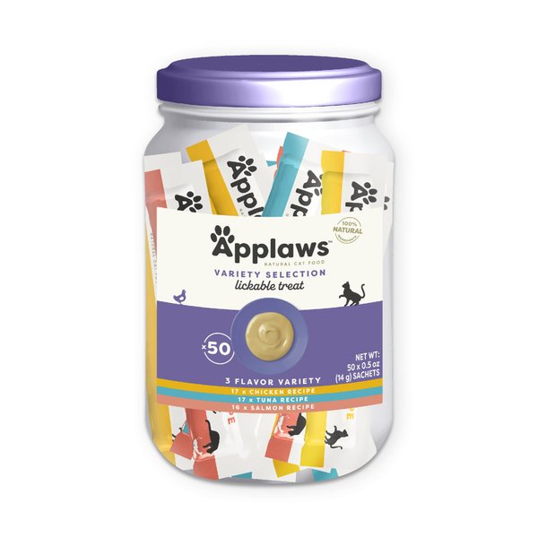 Applaws Lickable Cat Treats, Natural Grain-Free Purée, Limited Ingredient Variety Pack with Chicken, Tuna & Salmon Squeeze Up Treats (50 x 0.5oz Sachet Tub)