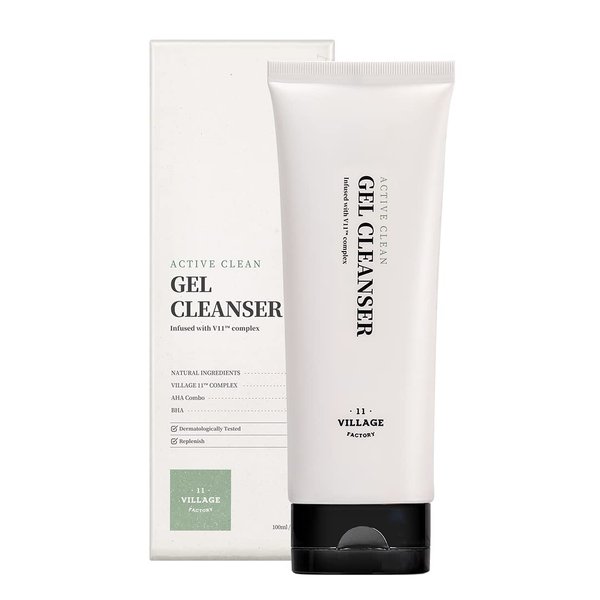 VILLAGE11FACTORY Active Clean Gel Cleanser - AHA, BHA, for oily and acne-prone skin, ph 5.5 for balanced skin (3.38 fl oz/100ml)