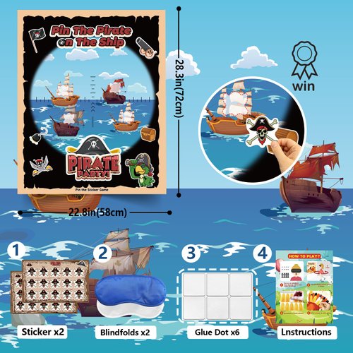 pin the sticker game Pirate Party Games for Kids, Pin The Pirate on The Ship Game Pirate Birthday Party Supplies Decorations for Boys Party Favors