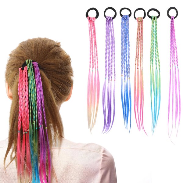 6Pcs Colored Hair Extensions with Rubber Bands, Gradient Braided Wig Ponytail, Hair Ties for Halloween, Rubber Band Braid Hair Accessories for Girls Women