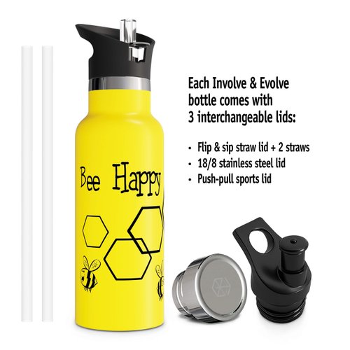 Kids Water Bottle Easy-Sip Straw Lid Leak-Proof Insulated Stainless Steel Thermos Perfect for School & Pickleball 3 Lids BPA-Free Keeps Drinks Cold for 24 Hours