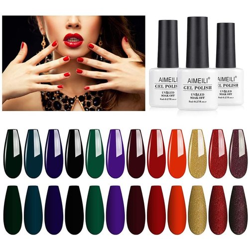 AIMEILI Fall Gel Nail Polish Red Glitter Emerald Green Black Golden Nail Polish Gel Gifts for Women, Set of 12pcs X 8ml - Kit Set 5