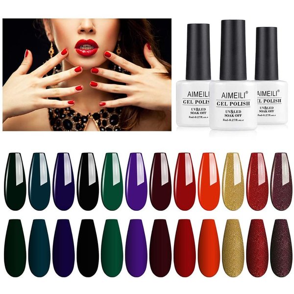 AIMEILI Fall Gel Nail Polish Red Glitter Emerald Green Black Golden Nail Polish Gel Gifts for Women, Set of 12pcs X 8ml - Kit Set 5