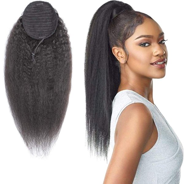 Feelgrace Virgin Human Hair Kinky Straight Ponytail Hair Extensions Clip in Hair Extension Remy Hair (16 Inch, Kinky Straight)