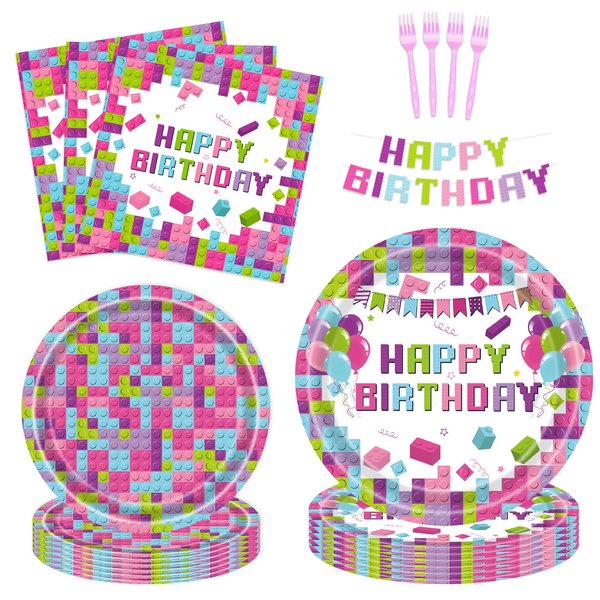 Building Block Party Supplies Kit for 24 Guests - 97 Pcs Including Plates, Forks, Napkins, Bunting - Ideal for Kids' Building Block-Themed Birthdays and Baby Showers