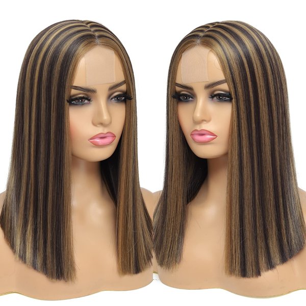 Alileona Highlight Bob Wigs for Women Straight Bob Lace Front Wig 14inch Blunt Cut Short Bob Synthetic Wigs for Black Women (F4/27#)