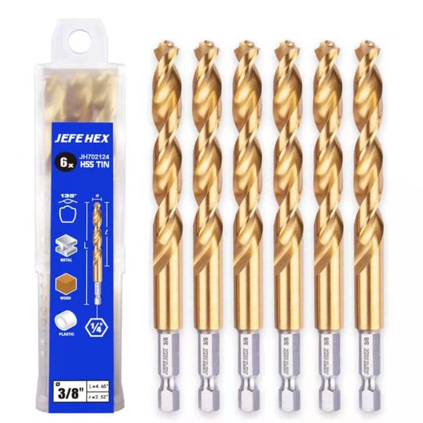 JEFE HEX 3/8" Inch Hex Shank with Titanium Coating Twist Drill Bits, 135 Degree Easy Cut Split Point Drill Bits (Pack of 6)