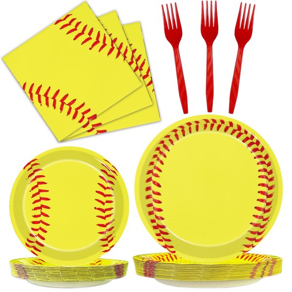 Kepeel 96 Pcs Softball Party Decorations, Softball Theme Birthday Party Supplies Paper Plates Napkins Softball Tableware For Kids, Serves 24