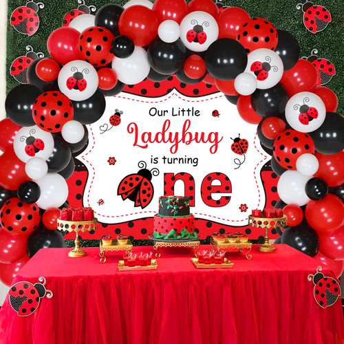 Sursurprise Ladybug First Birthday Decorations, Our Little Ladybug Is Turning One Balloon Garland Arch Kit with Backdrop for Girls Ladybug 1st Birthday Party Supplies
