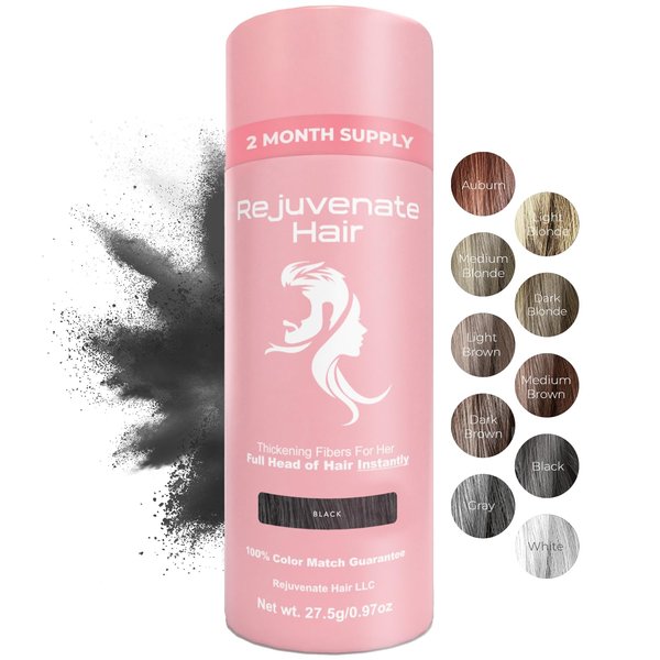 REJUVENATE Hair Fibers for Thinning Hair (Black), Undetectable Hair Powder for Women & 100% Natural Hair Building Fibers - Conceals Hair Loss - Bald Spot Cover Up Hair Powder, 2 Month Supply