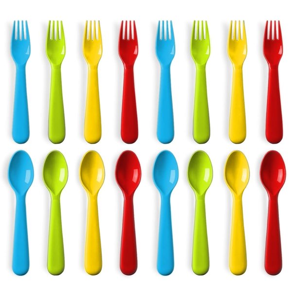 Plaskidy 16 Pcs Plastic Toddler Utensils Set 8 Kids Forks and 8 Kids Spoons BPA Free/Dishwasher Safe Toddler Silverware Brightly Colored Kid Plastic Cutlery Set, Great for Kids and Toddlers Utensils