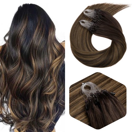 Micro Ring Hair Extensions Human Hair 14 Inch Micro Beads Remy Hair Extensions 1g/Strand 50 Grams #2/8/2 Dark Brown Highlights with Camel Blonde Human Hair Extensions Microlink Hair Extensions