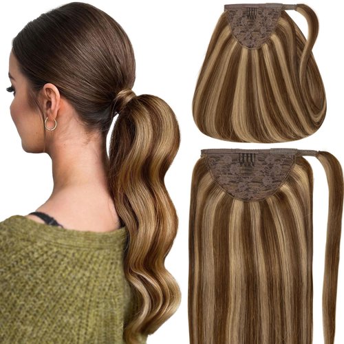 Caliee Hair Extensions Human Hair Highlight Balayage P4/27 Medium Brown Mixed Blonde 16Inch 80G Clip in Real Human Hair Extensions Wrap Around Pony Tail with Magic Paste Straight Long for Adults Women