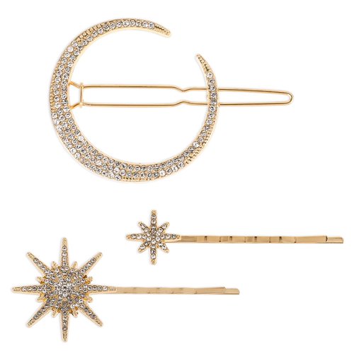 Qianyu 3 Pieces Stars and Moon Hair Clips Metal Alloy Rhinestone Decorative Bobby Pins Retro Stars and Moon Shape Bride Wedding Hair Side Barrettes Hair Accessories for Women and Girls