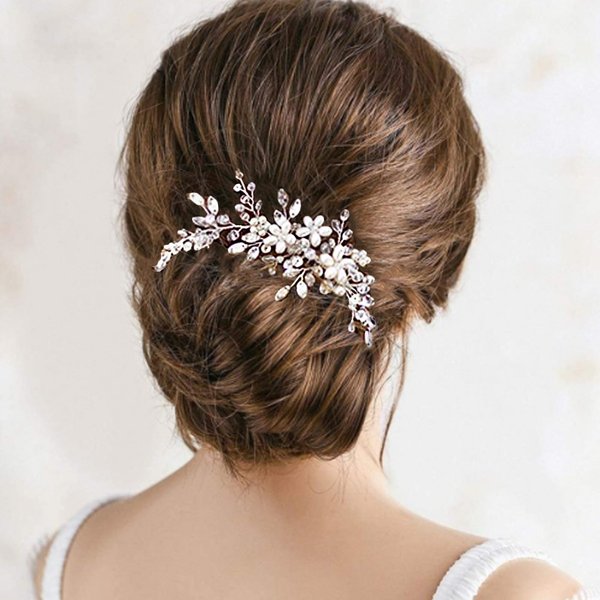 Bride Wedding Hair Comb Pearl Flower Hair Piece Rhinestone Bridal Hair Accessories for Women (Silver)