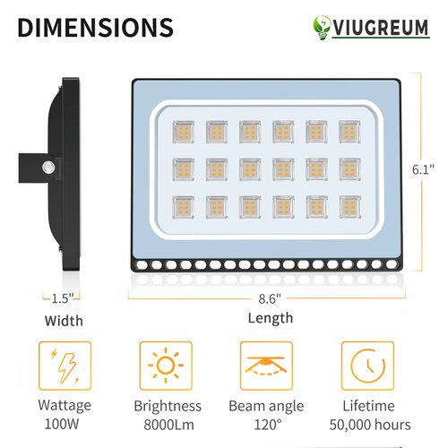 Viugreum 100W LED Flood Lights Outdoor, Waterproof IP65 Work Lights, 110V 10000LM Warm White(3000K), Super Bright Security Floodlights Wall Lights Landscape Lights with US Plug