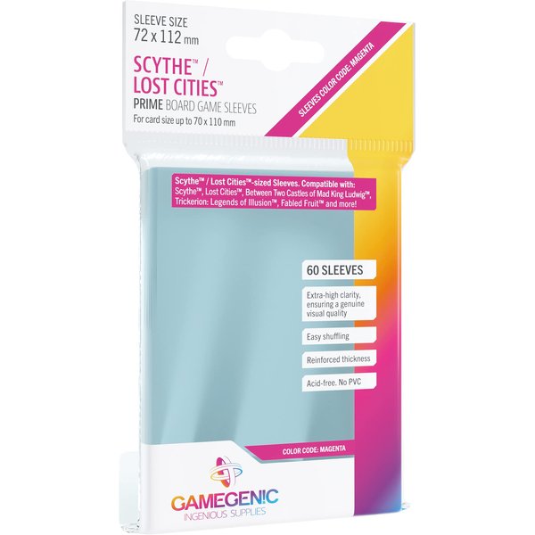 Prime Board Game Sleeves | Pack of 60 Extra-Clear Sleeves | 72 by 112 mm Card Sleeves Optimized for Scythe and Lost Cities | Premium Card Protection | FFG Magenta Color Code | Made by Gamegenic