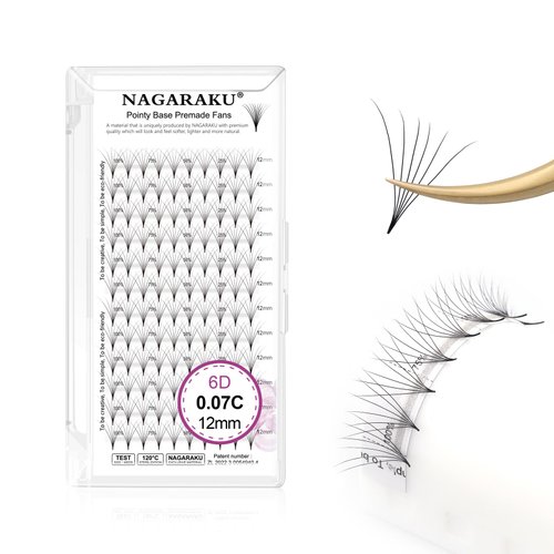 NAGARAKU Premade Fans Eyelash Extensions Premade Volume Fans Lash Extensions 120 Fans 6D 0.07C Curl 12mm Sharp Narrow Stem Clusters Thin Pointy Base Russian Fans Ready Volume Premade Lash Fan Fluffy