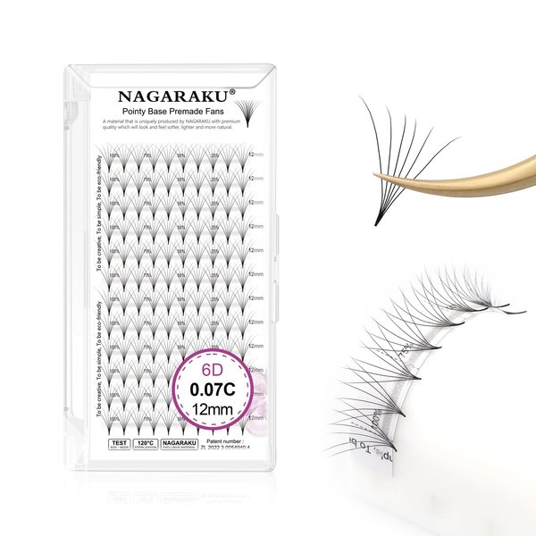 NAGARAKU Premade Fans Eyelash Extensions Premade Volume Fans Lash Extensions 120 Fans 6D 0.07C Curl 12mm Sharp Narrow Stem Clusters Thin Pointy Base Russian Fans Ready Volume Premade Lash Fan Fluffy