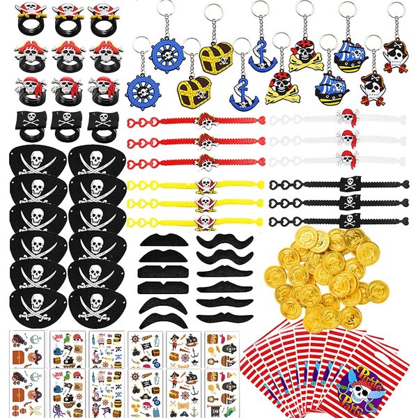 94Pcs Pirate Party Supplies Favors Pirate Captain Eye Patches Fake Mustache Pirate Key Chain Rings Bracelets Pirate Tattoos Coins Goodie Bags for Kids Pirate Theme Birthday Bag Fillers Toys Halloween