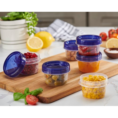 PLASTICPRO 6 Pack Twist Cap Food Storage Containers with Blue Screw on Lid- 4 oz Reusable Meal Prep Containers - Small Freezer Containers Microwave Safe Blue Plastic Food Storage
