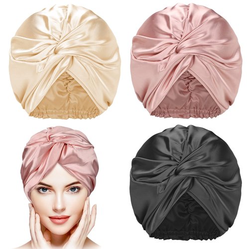 3 Pieces Silk Hair Wrap for Sleeping Women Bonnet Silk Sleeping Bonnet Elastic Hair Care Sleep Cap for Natural Curly Hair (Champagne, Black, Rose Gold)