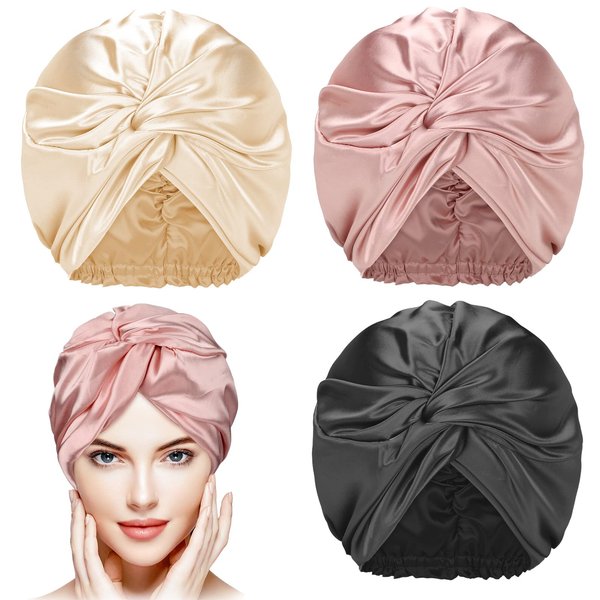 3 Pieces Silk Hair Wrap for Sleeping Women Bonnet Silk Sleeping Bonnet Elastic Hair Care Sleep Cap for Natural Curly Hair (Champagne, Black, Rose Gold)