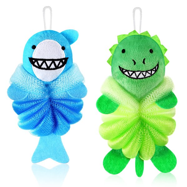 2 Pcs Bath Loofahs Kids Toddler Cute Cartoon Bath Sponges Loofah Bath Pouf Body Scrubber Mesh Loofah Sponges for Children Shower Washing Exfoliating (Animal)