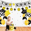 Two Cool Dude Birthday Party Decorations, Two Cool Second Birthday Banner Balloon Cake Topper for Two Year Old Happy Dude Yellow Black Lightening Checkered Party Decor