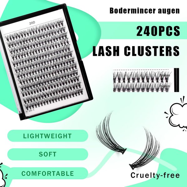 Bodermincer Black Cluster Lashes 240pcs 20D/40D DIY Eyelash Extension D Curl Long Individual Lashes Mixed Tray Faux Mink Lash Clusters Extensions 8-22mm (20D-12mm)