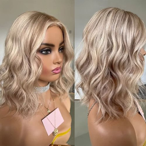 oulaer Blonde Highlight Wig Short Wavy Wig 13x6 Invisible Lace Front Wig 27/613 Loose Wave Human Hair Wig Pre Plucked HD Lace Wig Short Bob Wigs Bleached Knots 150% Density 14Inch