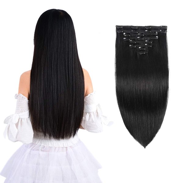 14" Remy Clip in Hair Extensions Human Hair Black for Women Beauty - Short Silky Straight 8pcs 20clips Real Human Hair Clip in Extensions (14 inch 100g #1B Natural Black)