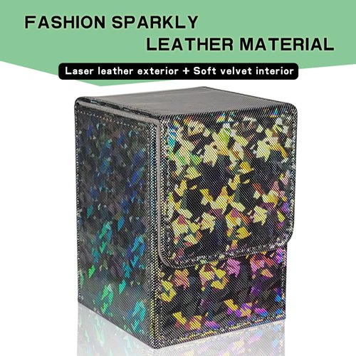 Dmoicols Sparkly Card Deck Box Holds 100+ Single Sleeved Cards,Leather Card Storage Case,MTG Commander Deck Box with 2 Dividers fit TCG CCG Magic Cards Vertical(Sparkly Black Piece)