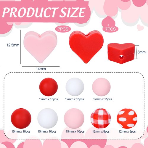 JarThenaAMCS 105Pcs Valentine’s Day Silicone Beads Heart Shape Loose Spacer Beads with Elastic Rope Red Pink White Plaid Dots Round Beads for DIY Crafts Jewelry Necklaces Keychain Making