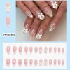 24Pcs French Tip Press on Nails Almond Short Fake Nails Pink Acrylic Nails Full Cover with Pearl Bows Charms False Nails Designs Glossy Glue on Nails Cute Press ons for Women Artificial Nails Decor
