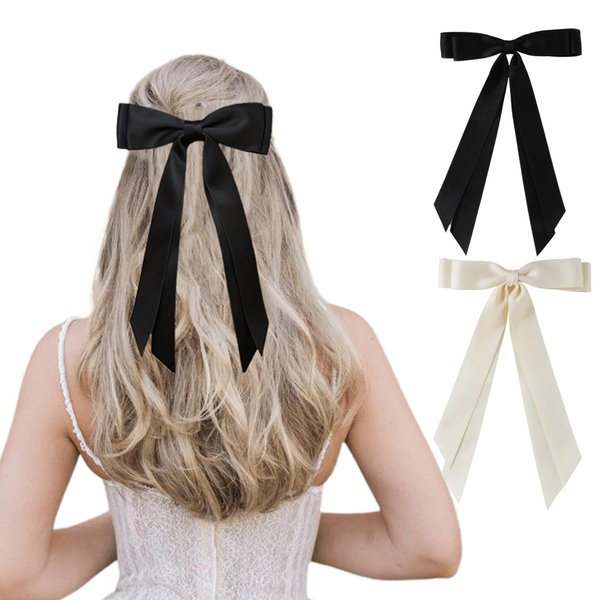 juyght 2PCS Double layer Ribbon Hair Clips Bowknot with Long Tail Bow Hair Clips Tassel Bowknot Hair Clips with Long Tail Hair Clips for girls with Bowknot Clips Women Ribbon for Hair Barrettes Clip