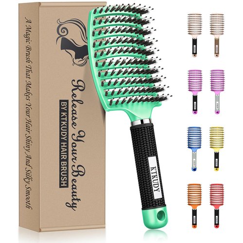 KTKUDY Detangling Brush Boar Bristles Hair Brush Make Hair Shiny & Healthier Curved and Vented Detangler Brush for Women Men Kids Wet & Dry Hair (Light green)