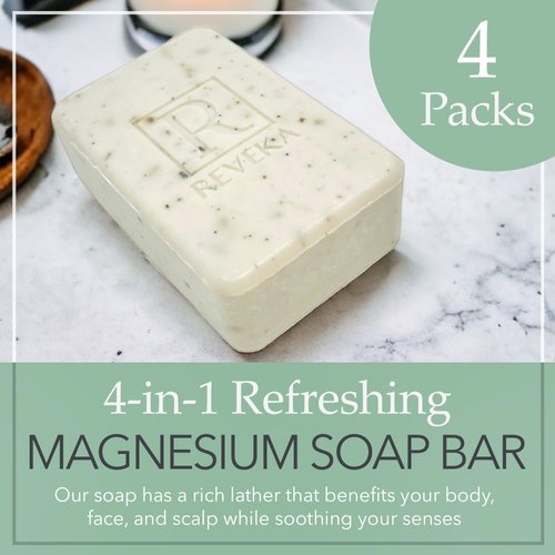 Reveka Skincare 4-Pack Magnesium Soap Bar, Triple-Milled Green Tea, Spearmint & Eucalyptus Soap, 4-in-1 Bar Soap for Face, Body, Hair & Shaving, Crafted in the US, 4 Bath Soap Bars (7 oz. Each)