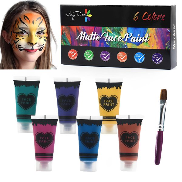 Maydear Face&Body Paint, Water Based Liquid Body Paint for Adults and Children, Halloween, Cosplay - 6 Colors 0.7 FL OZ (Yellow,Blue,Red Brown,Rose,Green)