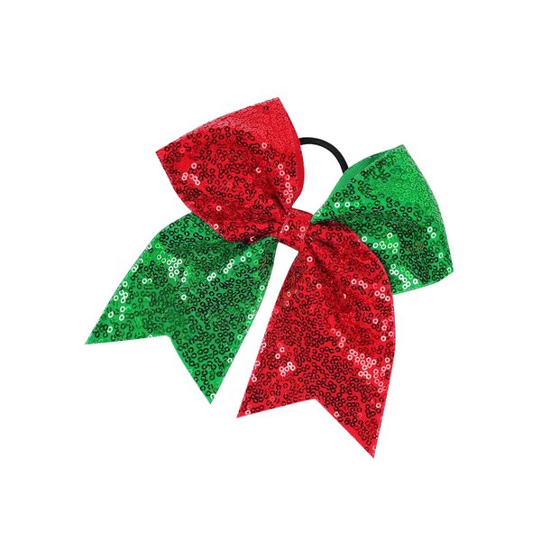 Christmas Cheer Bows Girls Glitter Sequin Bowknot Christmas Ponytail Holder Jumbo Bow BBG84 (D2-Green Red)