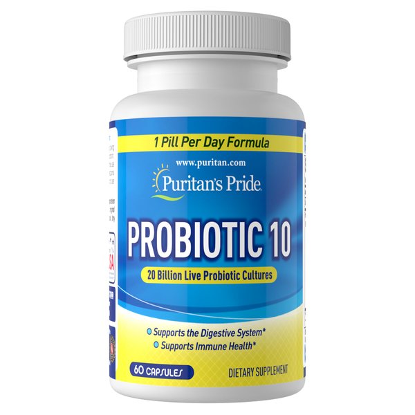Puritan's Pride Probiotic 10 with Vitamin D to Help Support Immune System Health*, 60 Count, White