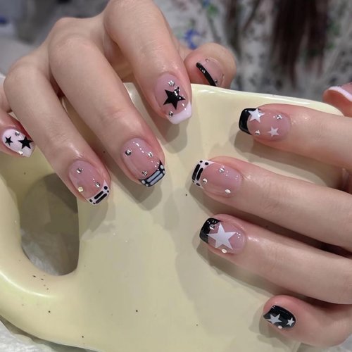 BABALAL Square Press on Nails Short Fake Nails Pink Black French Tip Glue on Nails Star Rhinestone Acrylic Nails 24Pcs Squoval False Nails for Women and Girls