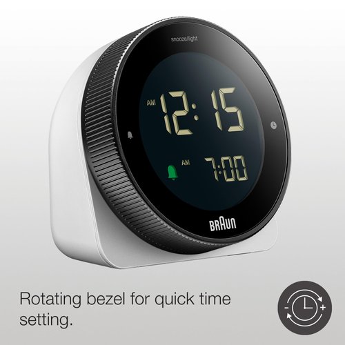 Braun Digital Alarm Clock with Snooze, Negative LCD Display, Rotating Bezel for Quick time Setting, Crescendo Beep Alarm in White, Model BC24W.