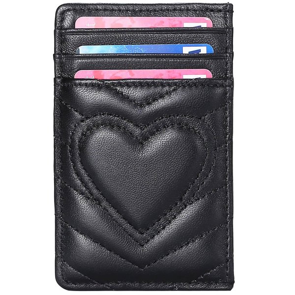 AUNER LEATHER Quilted Leather Heart Card Holder Wallet for Women with RFID Blocking, Black