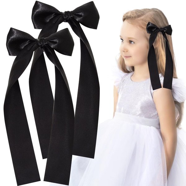 2PCS Silky Satin Hair Bows White Long Ribbon Hair Clips for Girls, Alligator Clips Hair Bows Hair Accessories for Girls Toddlers Teens Kids (Black)