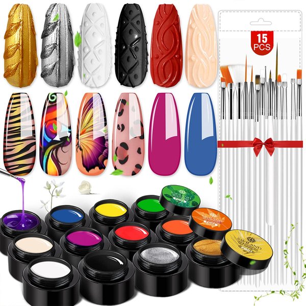 SAVILAND Gel Paint Kit - Gel Nail Polish Kit 12 Colors Soak Off Gel Polish Set with 15pcs Painting Drawing Nail Brush Pen for Nail Art Design & Nail Salon