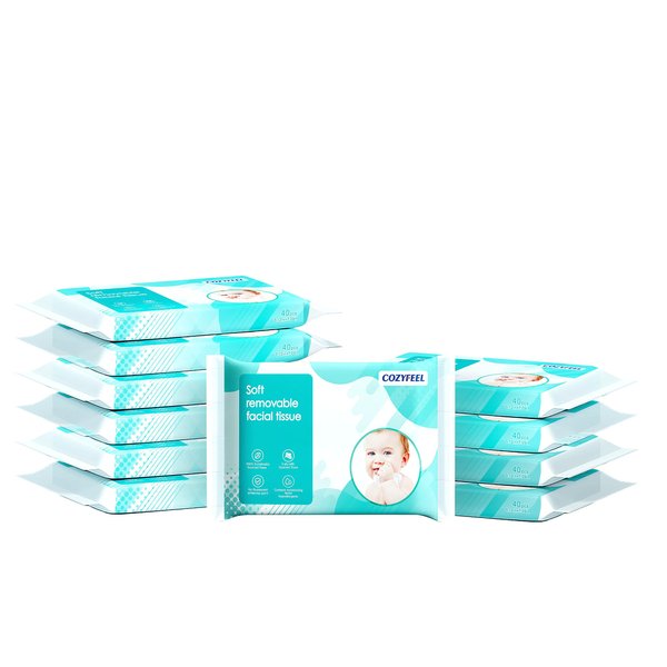 COZYFEEL Plus Lotion Facial Tissues Soothing Nose Papers 3 Ply Ultra Soft Travel Size On-The-Go Pocket Refill Pack for Sensitive Skin (40 Count-Pack of 10)